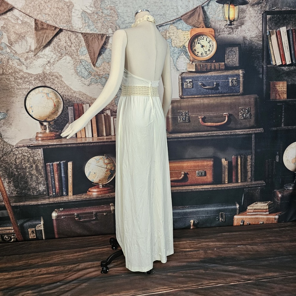 Vintage 1970s Dress Maxi Floor Length Cream Colored Crochet Neckline Inserts - Picture 5 of 15